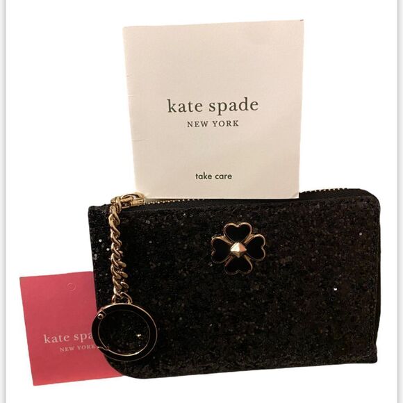 Kate Spade Odette Black Glitter L Zip Card Case Holder NWT